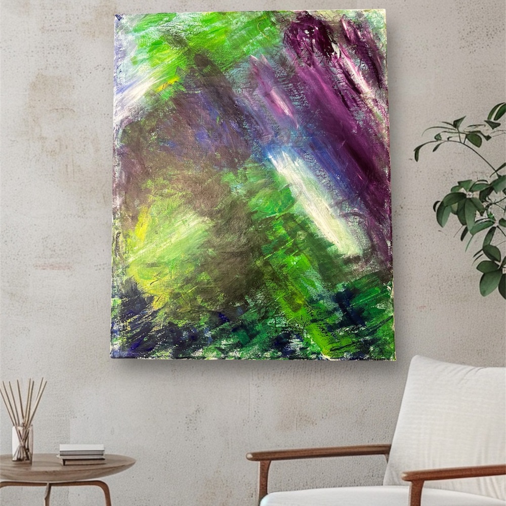 Vibrant Green and Purple Abstract Canvas Art